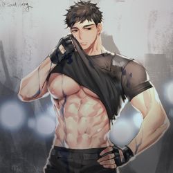 Rule 34 | 1boy, abs, bara, black eyes, black gloves, black hair, black shirt, closed mouth, clothes lift, fingerless gloves, gloves, half-closed eyes, large pectorals, male focus, muscular, muscular male, navel, nipples, original, pectorals, shirt, shirt lift, short hair, solo, ssong-ga, twitter username, upper body