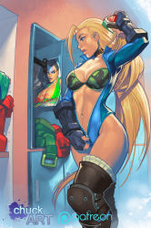 Rule 34 | 1girl, alternate costume, alternate hairstyle, antenna hair, blonde hair, blue eyes, boots, bra, breasts, cameo, cammy white, camouflage, camouflage bra, capcom, choker, chuck pires, cleavage, combat knife, artistic error, fingerless gloves, gloves, goggles, unworn goggles, hair down, highres, image sample, knee pads, knife, laura matsuda, leotard, lips, locker, long hair, long sleeves, navel, nose, planted, planted knife, planted weapon, poster (object), print bra, solo, street fighter, street fighter v, thigh boots, thighhighs, underwear, undressing, unzipped, unzipping, weapon