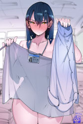 Rule 34 | 1girl, blue hair, blurry, blurry background, blush, ceiling light, classroom, closed mouth, unworn clothes, collarbone, commentary request, copyright request, cowboy shot, ear blush, frown, hair over eyes, hair strand, hands up, heart, heart-shaped pupils, highres, holding, holding clothes, holding sweater, holding towel, hug, id card, indoors, lanyard, looking at viewer, mole, mole under mouth, nose blush, nude, orange eyes, see-through silhouette, solo, sweater, unworn sweater, symbol-shaped pupils, takayama toshinori, towel, turtleneck, turtleneck sweater, wet, wet hair