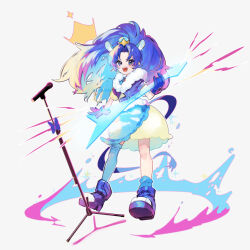 Rule 34 | 1girl, animal ears, blue eyes, blue footwear, blue gloves, blue hair, blue jacket, blush, boots, bubble skirt, cure gelato, full body, gloves, holding, holding plectrum, jacket, kirakira precure a la mode, kuronuma s, long hair, microphone, microphone stand, open mouth, plectrum, precure, short sleeves, simple background, single thighhigh, skirt, smile, solo, tail, tategami aoi, thighhighs, twitter username, watermark, white background, yellow skirt