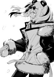 Rule 34 | 1girl, absurdres, animal ears, arknights, coat, eyewear on head, fang, feater (arknights), fur-trimmed coat, fur trim, gloves, greyscale, hand in pocket, highres, monochrome, multicolored hair, panda ears, snow, snowball, solo, streaked hair, sunglasses, toxin000x, twintails, winter clothes, winter coat