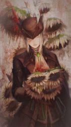 Rule 34 | 1girl, artist request, ascot, blood, bloodborne, cape, coat, closed eyes, flower, gem, gloves, hat, hat feather, highres, holding, lady maria of the astral clocktower, long hair, ponytail, simple background, solo, the old hunters, tricorne, white hair