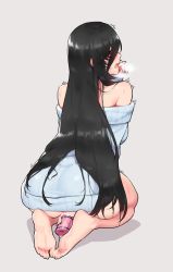 Rule 34 | 1girl, anus, ass, bad id, bad pixiv id, bar censor, bare shoulders, barefoot, black eyes, black hair, blue sweater, breath, censored, dildo, full body, hair between eyes, highres, long hair, mimyo, naked sweater, object insertion, off-shoulder sweater, off shoulder, open mouth, original, pussy, pussy juice, ribbed sweater, seiza, sex toy, sitting, soles, sweat, sweater, vaginal, vaginal object insertion, very long hair, wavy mouth