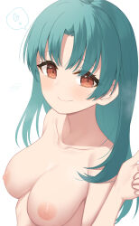 Rule 34 | 1girl, binsen, blush, breasts, brown eyes, closed mouth, green hair, hand up, heart, highres, idolmaster, idolmaster million live!, long hair, looking at viewer, medium breasts, nipples, nude, parted bangs, simple background, smile, solo, spoken heart, tokugawa matsuri, upper body, very long hair, white background