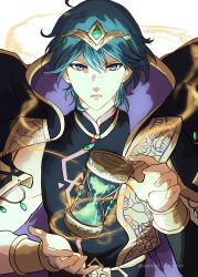 Rule 34 | 1boy, absurdres, black cape, black shirt, black sleeves, blue eyes, blue hair, bracelet, byleth (fire emblem), byleth (male) (fire emblem), byleth (male) (khadein) (fire emblem), cape, commentary, detached sleeves, fire emblem, fire emblem: three houses, fire emblem heroes, floating, floating object, gem, hair between eyes, high collar, highres, hourglass, jewelry, looking at viewer, magic, male focus, nintendo, official alternate costume, shirt, short hair, sierra117renner, simple background, single sleeve, sleeveless, sleeveless shirt, solo, tiara, twitter username, white background