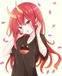 Rule 34 | 1girl, :d, bad id, bad pixiv id, black shirt, blush, breasts, brown background, commentary, fang, fingernails, hair between eyes, hands up, head tilt, highres, horns, leaf, leaf background, long fingernails, long hair, looking at viewer, nail polish, oni, oni horns, open mouth, original, pointy ears, red eyes, red hair, red nails, sharp fingernails, shirt, short eyebrows, short sleeves, simple background, small breasts, smile, solo, symbol-only commentary, thick eyebrows, tsukiyo (skymint), upper body