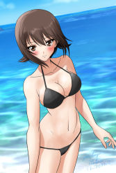 Rule 34 | 1girl, artist name, bikini, black bikini, blue sky, blush, breasts, brown eyes, brown hair, cleavage, closed mouth, commentary, cowboy shot, dated, day, girls und panzer, large breasts, looking at viewer, matsui yasutsugu, navel, nishizumi maho, ocean, one-hour drawing challenge, outdoors, short hair, signature, sky, smile, solo, standing, string bikini, swimsuit