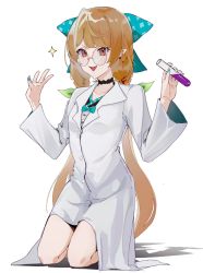 Rule 34 | 1girl, bespectacled, blonde hair, blush, bow, braid, brown eyes, buttons, ccil, coke-bottle glasses, fairy, fairy wings, glasses, green bow, green nails, green ribbon, hair bow, highres, lab coat, long hair, maid, nail polish, nijisanji, nijisanji en, open mouth, pointy ears, pomu rainpuff, ribbon, seiza, sitting, smile, solo, test tube, twin braids, virtual youtuber, white background, wings