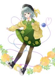 Rule 34 | 1girl, :d, adapted costume, black footwear, black hat, bow, collarbone, dress, floral print, flower, full body, green dress, green hair, hat, hat bow, heart, heart of string, highres, komeiji koishi, long sleeves, looking at viewer, open mouth, pantyhose, rose print, shoes, short hair, simple background, smile, sneakers, solo, sweater vest, third eye, touhou, white background, yellow bow, yellow flower, yellow sweater vest, yurara (aroma42enola)