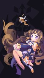 Rule 34 | 1girl, anklet, anya melfissa, bare shoulders, barefoot, brown hair, chibi, commentary, dagger, detached sleeves, dress, emblem, flat chest, gradient hair, highres, hololive, hololive indonesia, jewelry, knife, long hair, long sleeves, looking at viewer, multicolored hair, purple eyes, solo, two side up, virtual youtuber, wavy hair, weapon, xyzal