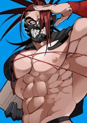 Rule 34 | 1boy, abs, angry, bara, biceps, brown hair, commentary request, fate/grand order, fate (series), hair over one eye, hakama, highres, igote, japanese clothes, large pectorals, long hair, looking at viewer, male focus, mask, muscular, muscular male, pectorals, shiba ten, solo, spiked hair, stomach, tanaka shinbei (fate)