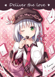 Rule 34 | 1girl, ;), belt, belt buckle, blush, braid, breast pocket, brown hat, buckle, cabbie hat, candy, chocolate, chocolate heart, collared shirt, commentary request, english text, envelope, food, green eyes, hair ribbon, hat, heart, heart-shaped buckle, highres, holding, holding food, jacket, kure~pu, letter, long hair, long sleeves, love letter, necktie, off shoulder, one eye closed, open clothes, open jacket, original, oshirase-chan (kure~pu), pink belt, pink jacket, plaid, pocket, polka dot, polka dot background, red necktie, red ribbon, ribbon, shirt, silver hair, smile, solo, upper body, valentine, white shirt