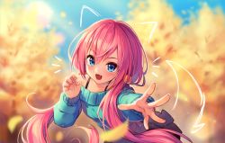 Rule 34 | 1girl, autumn, blue eyes, blurry, blurry background, blush, day, fang, hair bobbles, hair ornament, hyanna-natsu, long hair, looking at viewer, off-shoulder, off-shoulder sweater, off shoulder, open mouth, original, outdoors, pink hair, solo, sweater, twintails