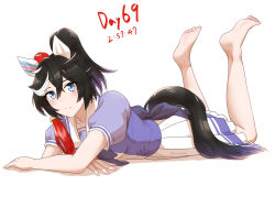 Rule 34 | 1girl, animal ears, barefoot, black hair, blue eyes, blush, breasts, closed mouth, commentary request, feet, hair between eyes, hair ornament, highres, horse ears, horse girl, horse tail, katsuragi ace (umamusume), looking at viewer, lying, medium breasts, multicolored hair, on stomach, petticoat, pleated skirt, ponytail, puffy short sleeves, puffy sleeves, ribehachi, short sleeves, simple background, skirt, soles, solo, streaked hair, tail, tassel, tassel hair ornament, the pose, toes, twitter username, umamusume, white background, white skirt