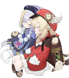 Rule 34 | 2girls, backpack, bag, bead necklace, beads, blonde hair, blush, braid, charm (object), chinese clothes, closed eyes, clover, cropped legs, dress, four-leaf clover, genshin impact, gloves, hair between eyes, hair ornament, hat, hat feather, highres, jewelry, klee (genshin impact), long hair, long sleeves, mint (psmin30), multiple girls, necklace, ofuda, pointy ears, purple hair, purple headwear, qingdai guanmao, qiqi (genshin impact), red dress, red headwear, simple background, single braid, sleeping, sleeping upright, twintails, white background