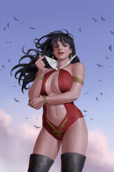 Rule 34 | 1girl, black footwear, black hair, boots, breasts, clothing cutout, collar, day, earrings, gold bracelet, grey eyes, highres, jewelry, large breasts, long hair, looking at viewer, navel cutout, one-piece swimsuit, outdoors, red nails, red one-piece swimsuit, solo, standing, swimsuit, thigh boots, vampirella, vampirella (character), white collar, yoon junggeun