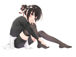 Rule 34 | 10s, 1girl, apron, black hair, black shirt, black thighhighs, blouse, blush, breasts, brown eyes, casual, closed mouth, from side, full body, hair ribbon, hand on own knee, highres, kimi no na wa., knees up, looking at viewer, medium breasts, miyamizu mitsuha, ponytail, red ribbon, ribbon, shirt, short hair, shorts, sidelocks, simple background, sitting, solo, stardust (chen&#039;ai weiding), thighhighs, waist apron, white background