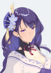 Rule 34 | 1girl, armor, braid, breasts, cleavage, closed mouth, collarbone, commentary request, flower, genshin impact, grey background, hair ornament, highres, japanese clothes, kimono, large breasts, long hair, looking at viewer, mole, mole under eye, obiage, purple eyes, purple flower, purple hair, raiden shogun, ribbon, sash, shoulder armor, simple background, solo, tassel, tyts