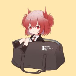 Rule 34 | 1girl, arknights, bag, black footwear, black gloves, black jacket, black skirt, boots, brown background, chibi, closed mouth, collared shirt, commentary request, eyebrows hidden by hair, fiammetta (arknights), frilled skirt, frills, gloves, hair between eyes, highres, in bag, in container, jacket, looking at viewer, mini person, minigirl, necktie, open clothes, open jacket, recruitment bag (arknights), red eyes, red hair, red necktie, shirt, simple background, skirt, snowyfrost, solo, two side up, white shirt