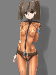 Rule 34 | 10s, 1girl, arm behind back, belt, blush, bodypaint, bodysuit, breasts, brown eyes, brown hair, female focus, female pubic hair, hand on own arm, highres, light smile, looking at viewer, misaki yuria, naked paint, nipples, nude, painted clothes, pubic hair, rasukaru, short hair, short twintails, small breasts, smile, solo, standing, twintails, uchuu senkan yamato, uchuu senkan yamato 2199