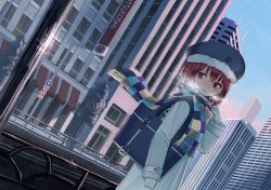 Rule 34 | 10s, 1girl, :d, alternate costume, anchor, bag, blue hat, blush, breath, building, checkered clothes, checkered scarf, cloud, coat, contemporary, day, dutch angle, fur-trimmed headwear, fur trim, gloves, handbag, hat, kantai collection, long sleeves, looking back, multicolored clothes, multicolored scarf, open mouth, outdoors, railing, red eyes, red hair, road sign, ruisento, scarf, short hair, sign, skyscraper, smile, solo, tree, upper body, white coat, white gloves, winter, winter clothes, winter coat, z3 max schultz (kancolle)