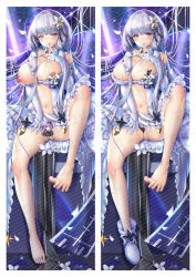 Rule 34 | 1girl, absurdly long hair, azur lane, blue eyes, breasts, breasts out, censored, cleavage, clothing cutout, dakimakura (medium), dress, elbow gloves, finger to mouth, flight deck, flower, frilled dress, frills, gloves, hair flower, hair ornament, hand on own chest, huge breasts, illustrious (azur lane), illustrious (muse) (azur lane), leg up, long hair, looking at viewer, multiple views, nail polish, naughty face, nipples, purple footwear, sitting, stomach cutout, very long hair, white dress, white gloves, white hair, white legwear, xiao yao xiong (xy450425885)