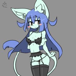 Rule 34 | 1girl, blue hair, bra, cat, furry, furry female, grey background, long hair, panties, scarf, simple background, smile, solo, the amboina, underwear, upper body, yellow eyes