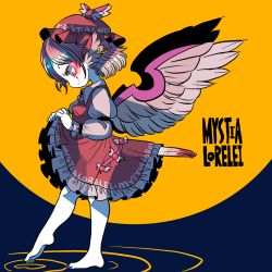 Rule 34 | 1girl, animal ears, barefoot, bird ears, bird tail, bird wings, blush, brown dress, brown hat, character name, closed mouth, clothes writing, dress, earrings, frilled dress, frills, full body, hat, jewelry, long sleeves, mystia lorelei, pink eyes, pink hair, short hair, single earring, smile, solo, tail, touhou, white wings, winged hat, wings, yt (wai-tei)