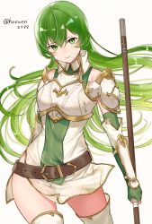 Rule 34 | 1girl, armor, belt, boots, breastplate, brown belt, erinys (fire emblem), fingerless gloves, fire emblem, fire emblem: genealogy of the holy war, fire emblem heroes, floating hair, gloves, green eyes, green gloves, green hair, hair between eyes, haru (nakajou-28), head tilt, highres, holding, holding lance, holding polearm, holding weapon, lance, long hair, looking at viewer, nintendo, polearm, simple background, solo, thigh boots, thighhighs, twitter username, weapon, white background