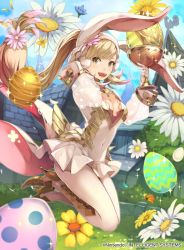 Rule 34 | 1girl, animal ears, blonde hair, blue sky, breasts, chalice, cleavage, cleavage cutout, clothing cutout, company name, copyright name, cup, day, dress, easter egg, egg, fake animal ears, fake tail, fire emblem, fire emblem cipher, fire emblem heroes, flower, full body, gloves, chalice, grass, green eyes, high heels, holding, kurosawa tetsu, long hair, medium breasts, nintendo, official art, open mouth, outdoors, ponytail, rabbit ears, rabbit tail, see-through, sharena (fire emblem), short dress, sky, solo, tail, white gloves, white legwear