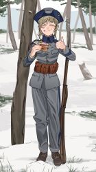 Rule 34 | 1girl, absurdres, blue hat, eating, forest, grey hat, gun, hat, highres, insignia, load bearing equipment, nature, original, pzkpfwi, rifle, snow, surstromming, sweden, swedish uniform, thumbs up, tricorne, weapon, world war i