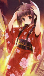 Rule 34 | 1girl, braid, brown eyes, brown hair, festival, japanese clothes, kimono, koin (foxmark), mask, red kimono, solo, twintails, yukata