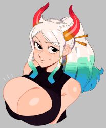 Rule 34 | 1girl, absurdres, arms under breasts, breasts, cleavage cutout, clothing cutout, green hair, highres, large breasts, multicolored hair, nezulet, one piece, smile, white hair, yamato (one piece)