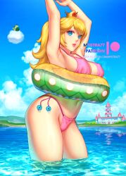 Rule 34 | 1girl, 1other, alternate costume, armpits, arms up, artist name, bikini, blonde hair, blue eyes, blue sky, blush, breasts, castle, character print, cloud, cloudy sky, covered erect nipples, crown, day, eyelashes, feet out of frame, gem, hair between eyes, in water, innertube, lakitu, large breasts, lips, long hair, looking at viewer, mario (series), mystra77, navel, nintendo, outdoors, parted bangs, parted lips, patreon logo, patreon username, pink bikini, pink lips, princess peach, princess peach&#039;s castle, ripples, shadow, sideboob, sidelocks, sky, solo focus, standing, super mario bros. 1, swim ring, swimsuit, thighs, wading, water, watermark, web address