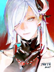 Rule 34 | 1girl, artist name, blunt ends, collarbone, dated, earrings, genshin impact, grey eyes, hair ornament, hair over one eye, highres, jewelry, looking at viewer, one eye covered, portrait, red background, shenhe (genshin impact), signature, solo, swept bangs, tanyaf2022, tassel, tassel earrings, two-tone background, white hair