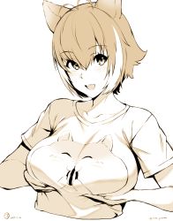 Rule 34 | 1girl, animal ears, antenna hair, blazblue, blush, breast lift, breasts, dated, hamster, highres, large breasts, looking at viewer, makoto nanaya, monochrome, multicolored hair, purinnssu, shirt, short hair, short sleeves, smile, solo, squirrel ears, t-shirt, twitter username, upper body