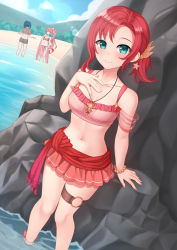 Rule 34 | 3girls, alternate costume, ankle ribbon, arm support, asymmetrical bangs, beach, bikini, blue hair, blurry, blurry background, blush, bow, bracelet, breasts, cleavage, cloud, collarbone, commentary, commission, english commentary, eyewear on head, fire emblem, fire emblem: new mystery of the emblem, fire emblem heroes, foot out of frame, frilled bikini, frills, green eyes, hair bow, halterneck, hand on own chest, hiding, highleg, highleg bikini, highres, jewelry, knees together feet apart, kris (female) (fire emblem), kris (fire emblem), kurisu-kun, leg ribbon, long hair, looking at viewer, multiple girls, navel, necklace, nintendo, norne (fire emblem), o-ring, ocean, official alternate costume, pearl bracelet, phina (fire emblem), pink bikini, pink hair, ponytail, red sash, ribbon, rock, sarong, sash, shadow, short shorts, shorts, shrugging, sidelocks, small breasts, smile, solo focus, sports bikini, sunglasses, swimsuit, thigh strap, tree, two-tone bikini, very long hair, wrist ribbon, yellow bow