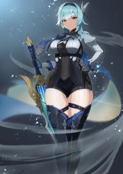 Rule 34 | 1girl, absurdres, black gloves, black hairband, black leotard, black thighhighs, blue hair, blue necktie, breasts, closed mouth, commentary request, crop top, eula (genshin impact), genshin impact, gloves, hair ornament, hairband, highres, holding, holding sword, holding weapon, leotard, long sleeves, looking at viewer, medium breasts, medium hair, necktie, pirumu, shirt, skindentation, solo, standing, sword, thigh gap, thighhighs, thighs, weapon, white shirt, wide sleeves, yellow eyes