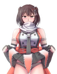 Rule 34 | 1girl, black gloves, black neckerchief, black panties, black skirt, breasts, brown eyes, brown hair, buttons, clothes lift, cowboy shot, double-breasted, elbow gloves, fingerless gloves, gloves, highres, kantai collection, kkkowy0913, lifting own clothes, medium breasts, miniskirt, neckerchief, panties, pleated skirt, scarf, school uniform, sendai (kancolle), sendai kai ni (kancolle), serafuku, skirt, skirt lift, solo, standing, two side up, underwear, white scarf