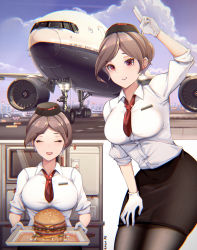 Rule 34 | 1girl, ^ ^, absurdres, aircraft, airplane, bad id, bad pixiv id, brown hair, burger, closed eyes, dress, flight attendant, food, gloves, hand on own thigh, hand up, hat, highres, holding, holding tray, impossible clothes, leggings, multiple views, necktie, open mouth, original, pantyhose, pencil dress, pencil skirt, red eyes, red neckwear, senjouhara nira, short necktie, skirt, smile, travel attendant, tray, white gloves