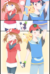 Rule 34 | 1boy, 1girl, ash ketchum, bandana, baseball cap, bike shorts, black gloves, black hair, blue eyes, blue pants, brown eyes, brown hair, collared shirt, comic, cowboy shot, creatures (company), eye contact, closed eyes, game freak, gen 1 pokemon, gloves, hand on own head, hat, heart, highres, holding hands, hooded shirt, looking at another, may (pokemon), nintendo, on shoulder, open mouth, pants, partially fingerless gloves, pikachu, pokemon, pokemon (anime), pokemon (creature), pokemon on shoulder, pokemon rse (anime), popped collar, red headwear, red shirt, shirt, short sleeves, smile