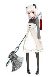 Rule 34 | 1girl, 7hikki, absurdres, animal ears, axe, bad id, bad pixiv id, black footwear, black pantyhose, blush, china dress, chinese clothes, dress, highres, holding, holding axe, looking at viewer, medium hair, original, panda ears, pantyhose, personification, red eyes, simple background, solo, tachi-e, weapon, white background, white hair