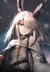 Rule 34 | 1girl, animal ears, arknights, capelet, commentary, frostnova (arknights), grey capelet, grey eyes, hair ornament, hairclip, kita (kitairoha), long hair, long sleeves, looking at viewer, rabbit ears, scar, scar on face, scar on nose, silver hair, smile, solo, upper body