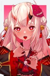 Rule 34 | 1girl, bare shoulders, bell, black kimono, blush, center-flap bangs, commentary request, double bun, fang, fingernails, frilled sleeves, frills, gold trim, gradient hair, grey hair, hair bell, hair between eyes, hair bun, hair ornament, heart, heart-shaped pupils, highres, hololive, horns, japanese clothes, jingle bell, kimono, long fingernails, long hair, long sleeves, looking at viewer, mask, mask on head, multicolored hair, nakiri ayame, nakiri ayame (1st costume), off shoulder, oni mask, open mouth, pink background, red eyes, red hair, red kimono, side up bun, skin-covered horns, sleeveless, sleeveless kimono, solo, streaked hair, sweat, symbol-shaped pupils, tassel, tassel hair ornament, tongue, tongue out, two side up, upper body, very sweaty, virtual youtuber, wide sleeves, yagura (yagura aaaok)