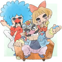 Rule 34 | 1girl, 2boys, blue hair, bow, brown hair, cleft chin, clenched teeth, facial hair, fingerless gloves, gloves, hair bow, jacket, jimmy t, joy-con, lulu (warioware), multiple boys, mustache, nintendo, official art, pants, pink pants, pointy ears, red jacket, sunglasses, takeuchi kou, teeth, thick eyebrows, third-party source, wario, warioware, warioware: get it together!, white pants, yellow gloves