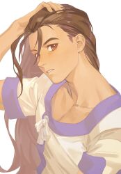Rule 34 | 1boy, asagi (banzoku210), brown eyes, brown hair, collarbone, fei fong wong, fingernails, hand in own hair, hand on own head, highres, long hair, looking at viewer, male focus, parted lips, portrait, shirt, short sleeves, straight hair, twitter username, white background, white shirt, xenogears