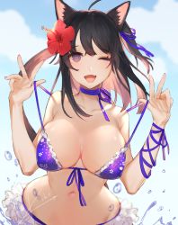 Rule 34 | 1girl, absurdres, ahoge, animal ears, bad proportions, bikini, black hair, blue bikini, blue ribbon, blue sky, breasts, cat ears, day, flower, frilled bikini, frilled bikini, frills, hair flower, hair ornament, hair ribbon, hands up, hibiscus, highres, large breasts, long hair, looking at viewer, navel, neck ribbon, one eye closed, original, ribbon, sky, solo, strap pull, swimsuit, yoimon