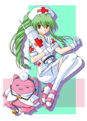 Rule 34 | 00s, 1girl, broccoli (company), galaxy angel, gloves, green hair, lab coat, looking at viewer, normad, nurse, red eyes, simple background, solo, stethoscope, syringe, thighhighs, vanilla h, white background, white thighhighs, zettai ryouiki