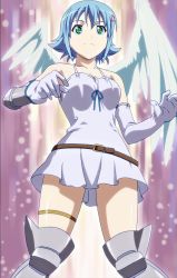 Rule 34 | 1girl, absurdres, blue hair, dress, gradient background, green eyes, highres, nanael (queen&#039;s blade), queen&#039;s blade, short dress, short hair, solo, stitched, striped, striped background, third-party edit, white dress, white wings, wings