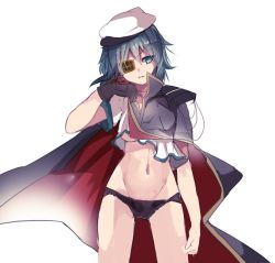 Rule 34 | 10s, 1girl, bad id, bad twitter id, black panties, cape, cis (carcharias), eyepatch, gloves, green eyes, green hair, hat, kantai collection, kiso (kancolle), kiso kai ni (kancolle), midriff, panties, single glove, solo, torn clothes, underwear